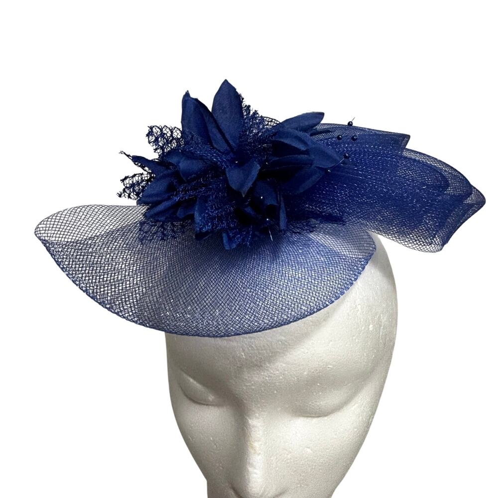 Royal blue dressy hair clip netting embellished fascinator headband mini hat
